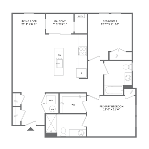 Floor plan for 2 beds, 2 baths, 1063 sqft